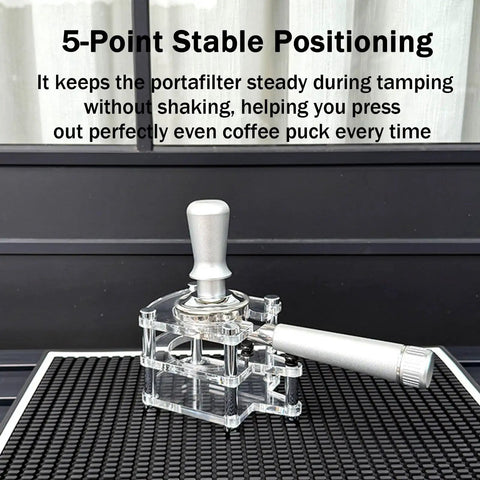 Premium Clear Acrylic Espresso Tamper Station With Adjustable Height And Solid Portafilter Holder for consistent tamping stability.