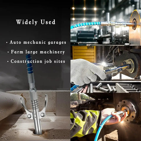 Grease Gun Accessory Kit With Two Heavy Duty Couplers Twelve Inch Flexible Tube And Nine Nipple Nozzle Ends in use on machinery