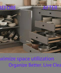 Comparison of kitchen cabinet organization with before and after views using 18 inch soft close drawer slides, 10 pairs.