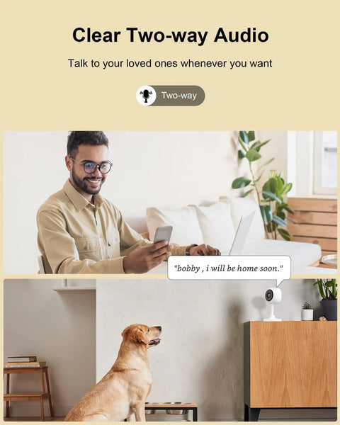 Indoor Security Cam 1080P Plug In WiFi For Home Security, Pet And Baby Monitor with two-way audio feature, man and dog interaction