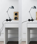 Comparison of desk setup with visible cables and after using Paintable Corner Cord Hider And Cable Concealer For Walls Baseboards And Ceilings.