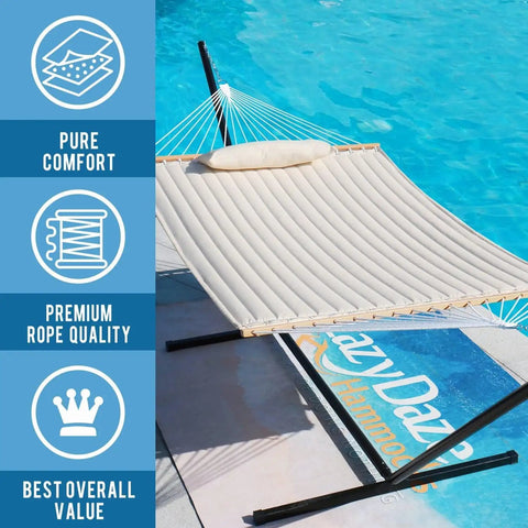 Two Person Double Quilted Fabric Hammock With Spreader Bar And Detachable Pillow For Outdoor Patio Backyard Poolside