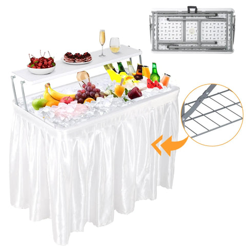 Two Tier Folding Ice Cooler Table With Skirt And Grid Rack Drain Hose Portable Party Table For Patio, Picnic, Camping And Wedding Use Keeps Drinks Cold And Food Fresh White with fruit and drinks on ice