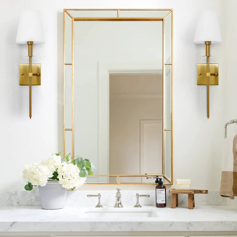 Bathroom with gold wall sconces set of 2 hardwired dimmable slick slim metal wall lighting with fabric shades next to mirror