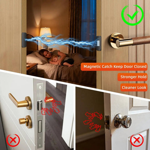 Six Piece Self Adhesive Magnetic Drawer And Cabinet Locks Kit installed on bedroom door showing strong magnetic hold