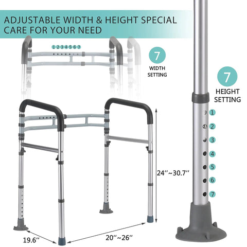 Heavy Duty Toilet Safety Rails delivering 350 Lbs weight capacity, adjustable height 24 to 30.7 inches, adjustable width 20 to 26 inches.