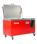 Prograde 32 Gallon Industrial Ultrasonic Cleaner With Digital Heater Timer showing red tank with lid, stainless steel components and control panel.