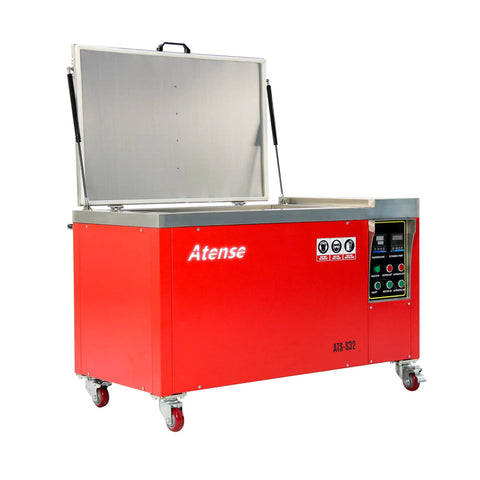 Prograde 32 Gallon Industrial Ultrasonic Cleaner With Digital Heater Timer showing red tank with lid, stainless steel components and control panel.