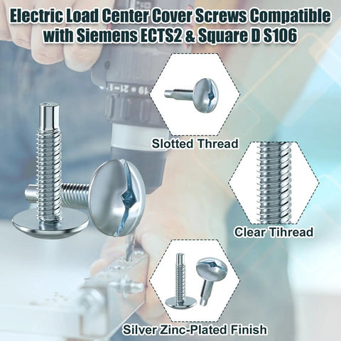 Load Center Panel Cover Replacement Screws Top Shelf Zinc Coated Steel Heavy Duty Fix For Square D S106 Siemens ECTS2 Schneider QO Homeline Murray Breaker Box showing silver zinc-plated screws with slotted threads.