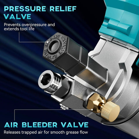 Close-up of pressure relief and air bleeder valve on 21V Cordless Electric Grease Gun Kit Delivers Up To 12000 PSI For Heavy Duty Trucks