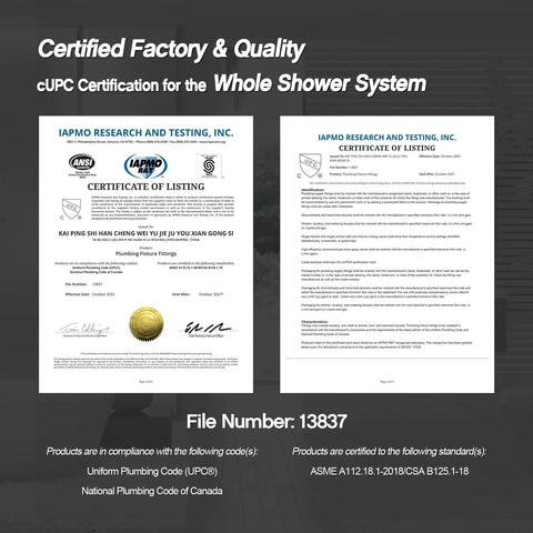 Shower system certificate documents for Iriber wall-mounted faucet set showing cUPC marks.