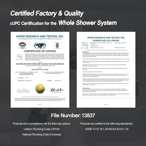 cUPC certification document for All In One Ceiling Mount Rain Shower System With Rain Shower Head And Handheld, Brushed Nickel Finish