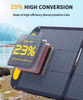 Close-up of On The Go Portable Power Station 600W With 110W Solar Panel showing 23% high conversion efficiency with scenic backdrop.