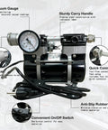 Oil Free Pro Grade Vacuum Pump 50 L/Min 180W Diaphragm With Switch And Vacuum Gauge Low Noise Aluminum Silencer Four Hose Connectors For Lab Electronics And DIY Projects