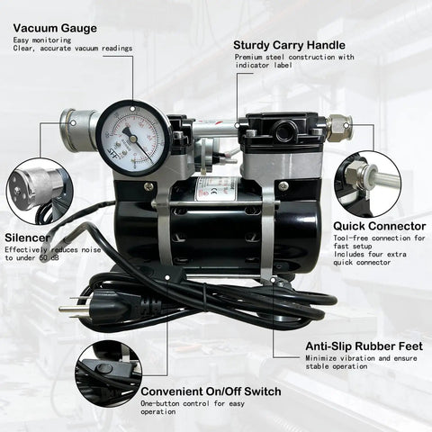 Oil Free Pro Grade Vacuum Pump 50 L/Min 180W Diaphragm With Switch And Vacuum Gauge Low Noise Aluminum Silencer Four Hose Connectors For Lab Electronics And DIY Projects