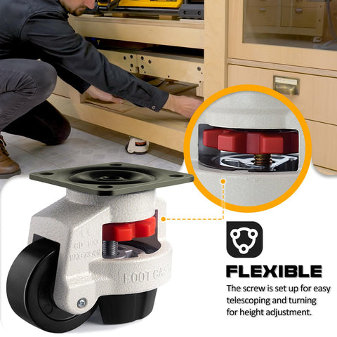Heavy Duty Retractable Leveling Casters Four Pack With One Point Five Inch Height Adjustable Feet For Workbenches And Heavy Machinery 110 Lb Per Caster Rubber Pad For Quiet Floor Protection And Stable Furniture