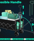Side view of Collapsible Wagon Cart with Wheels, filled with gear, showcasing flexible handle and all-terrain capability.