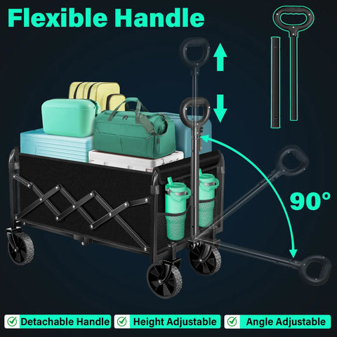 Side view of Collapsible Wagon Cart with Wheels, filled with gear, showcasing flexible handle and all-terrain capability.