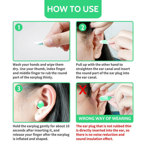 Instructions for using Ultra Soft Foam Ear Plugs For Sleep 60 Pairs With 38dB SNR Noise Reduction for proper fit and comfort.