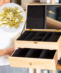 Thirty Pieces Small Brass Hinges For Crafts With 120 Screws And Nails, 13 X 12 Mm, shown with a wooden jewelry box.