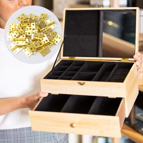Thirty Pieces Small Brass Hinges For Crafts With 120 Screws And Nails, 13 X 12 Mm, shown with a wooden jewelry box.