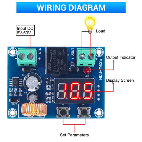 Low Voltage Protector For DC 12-36V, 20A Cutoff Switch With Over Discharge Protection, Battery Controller Module For Lead Acid And Lithium Batteries In Off-Grid Solar Panel Lighting Systems. Wiring diagram showing terminal inputs, load, and display screen.