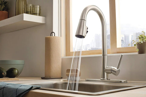 Precept Pull-Down Kitchen Faucet, 1.5 GPM Flow, Stainless Finish, in use with 3-Function Sprayer and POWERinse.