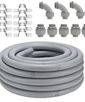 Pro Grade 50 Ft Non-Metallic Liquid Tight Conduit Kit For 1 Inch NPT With LFNC-B Flexible Conduit Five Straight Fittings Three 90 Degree Fittings And Ten Clamps Heavy-Duty Weather UV Resistant For Outdoor Pool Pumps And HVAC.