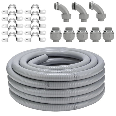 Pro Grade 50 Ft Non-Metallic Liquid Tight Conduit Kit For 1 Inch NPT With LFNC-B Flexible Conduit Five Straight Fittings Three 90 Degree Fittings And Ten Clamps Heavy-Duty Weather UV Resistant For Outdoor Pool Pumps And HVAC.