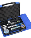 60W Soldering Iron Kit With Temperature Control, Three LED Work Lights, Five Premium Tips, desoldering pump in a blue case