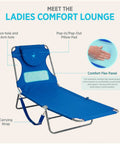 Ladies Chest-Support Comfort Lounger Foldable Portable Reclining Outdoor Chair For Beach Pool Patio Camping Tanning Lounging Lawn Sunbathing Ocean Blue shown with features.