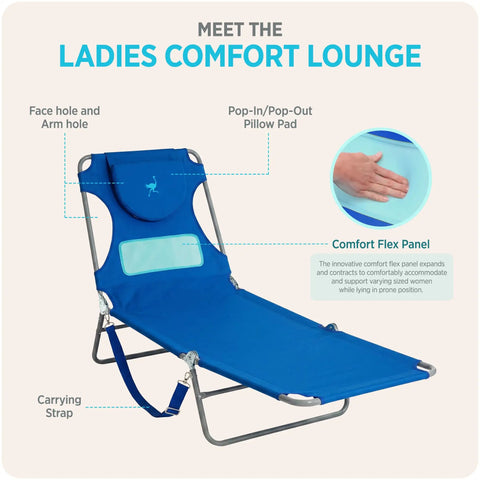 Ladies Chest-Support Comfort Lounger Foldable Portable Reclining Outdoor Chair For Beach Pool Patio Camping Tanning Lounging Lawn Sunbathing Ocean Blue shown with features.