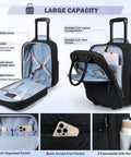 Underseat Carry On Luggage With Wheels 16-Inch Softside Rolling Bag showing large capacity and organized compartments with electronics.