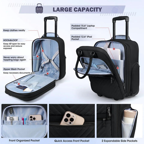 Underseat Carry On Luggage With Wheels 16-Inch Softside Rolling Bag showing large capacity and organized compartments with electronics.