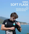 Runner wearing Running Hydration Vest for Women and Men with 500ml BPA Free Soft Flask, Yellow ML USA Patent, by the sea.