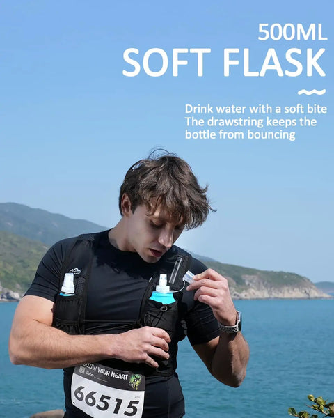 Runner wearing Running Hydration Vest for Women and Men with 500ml BPA Free Soft Flask, Yellow ML USA Patent, by the sea.