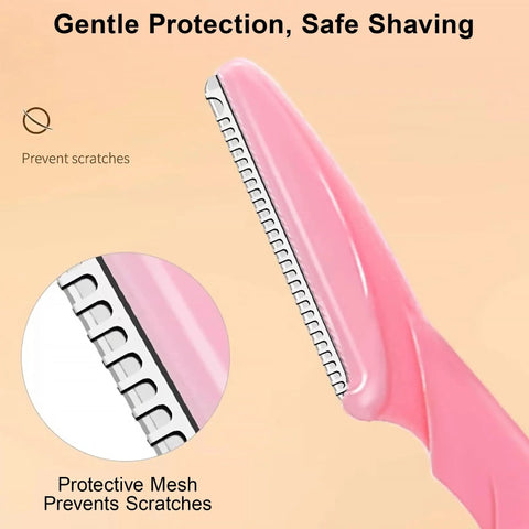 Close-up of pink eyebrow razor from the 3 Piece Unisex Eyebrow Razor Kit Makes Quick Work Of Stubborn Facial Hair While Doubling As A Smooth Dermaplaning Tool That Leaves Your Complexion Looking Fresh And Flawless.