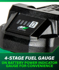 Close-up of MultiVolt 18V 36V Lithium Ion Battery Pack with 5.0Ah for 18V tools and 2.5Ah for 36V tools showing 4-stage fuel gauge.