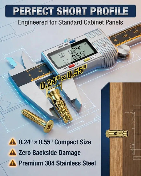 Close-up of Expansion Hinge Repair Anchor Set for Cabinets and Doors, 6x14mm Short, 304 Stainless Steel dimensions shown with caliper.