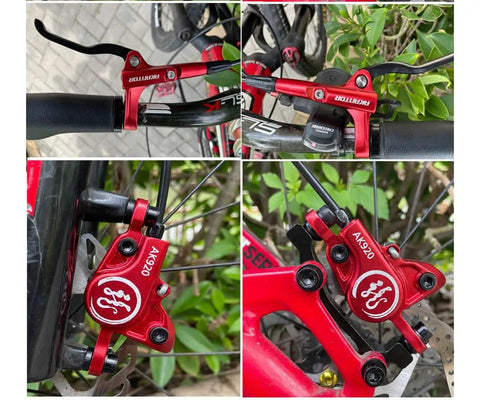 Heavy Duty Hydraulic Disc Brake Set Front And Rear With Two Piston Aluminum Calipers Long Brake Lines For Mountain Road Bicycles Sick Stopping Power Dope Red Finish on bike handlebars and calipers.