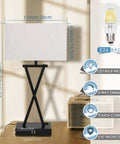 Set Of 2 Modern Table Lamps With 3 Way Dimmable Touch Control, Built In USB Ports And Outlet, dimensions and features shown