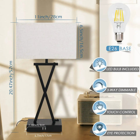 Set Of 2 Modern Table Lamps With 3 Way Dimmable Touch Control, Built In USB Ports And Outlet, dimensions and features shown