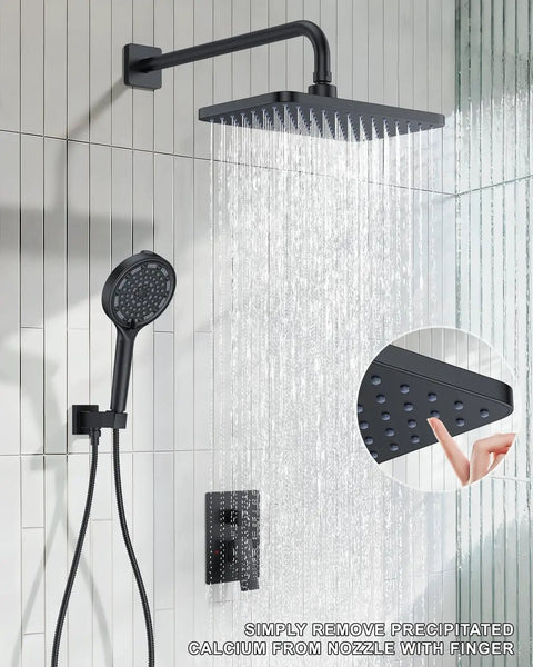 Slick Matte Black Rainfall Shower System With Filtered Handheld Sprayer Featuring Top Shelf Solid Brass Valve And Hella Durable Easy Clean Silicone Jets For A Smooth Daily Rinse Upgrade Your Bathroom Vibe