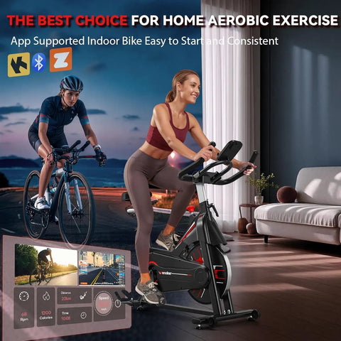 Magnetic Resistance Stationary Bike For Home Use With App Sync Indoor Cycling Bike Supports 350 Lbs Weight Capacity Tablet Holder And Fitness Courses For Weight Loss Black Red in use with app