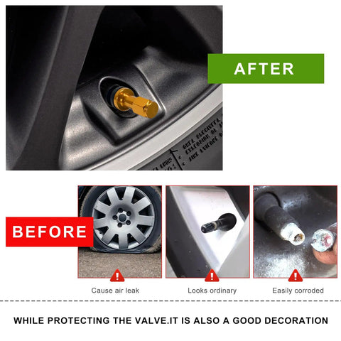 Before and after comparison of Tubeless Metal Clamp In Valve Stems 5 Piece Set For 0.453 Inch Rim Holes