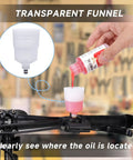 Transparent funnel with mineral oil being poured from bottle in Bike Brake Bleed Kit For Shimano And TEKTRO Hydraulic Disc Brakes