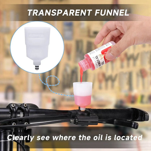 Transparent funnel with mineral oil being poured from bottle in Bike Brake Bleed Kit For Shimano And TEKTRO Hydraulic Disc Brakes