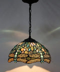 Sea Blue Stained Glass Dragonfly Tiffany Pendant Light Fixture With 12 Inch Shade And 24 Inch Chain, 32 Inch Cord