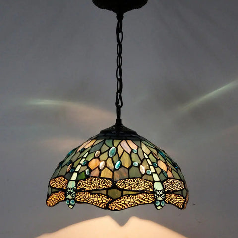 Sea Blue Stained Glass Dragonfly Tiffany Pendant Light Fixture With 12 Inch Shade And 24 Inch Chain, 32 Inch Cord