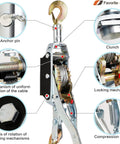 Diagram showing parts of Heavy Duty Come Along Winch With 5 Ton Capacity And 10 ft Steel Cable Three Hooks Dual Gear System for vehicle recovery.